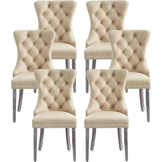 Leather Dining Chairs Set of 6 – Upholstered Wingback Dining Chairs with Nailhead Trim & Solid Wood Legs – Luxury Dining Room Side Chairs