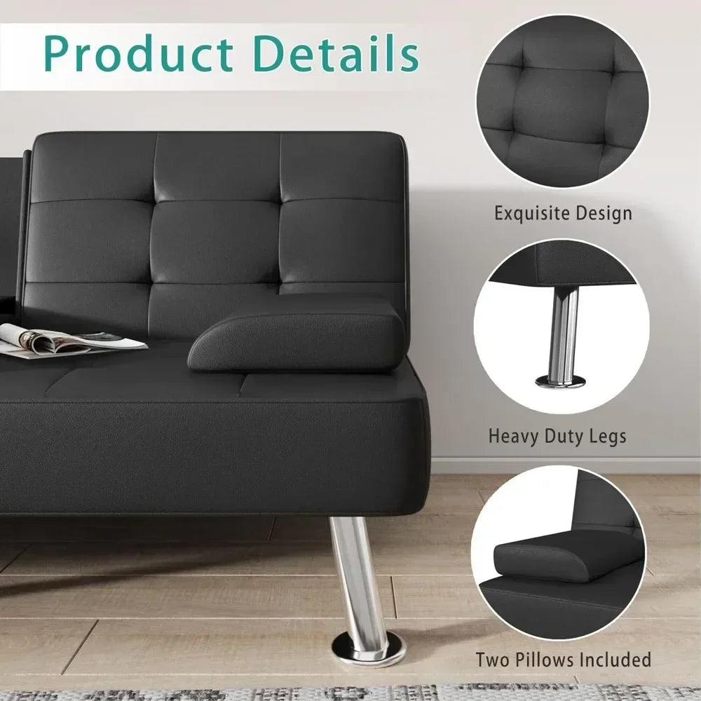 Leather Convertible Folding Recliner with 2 Cup Holders, Removable Armrests