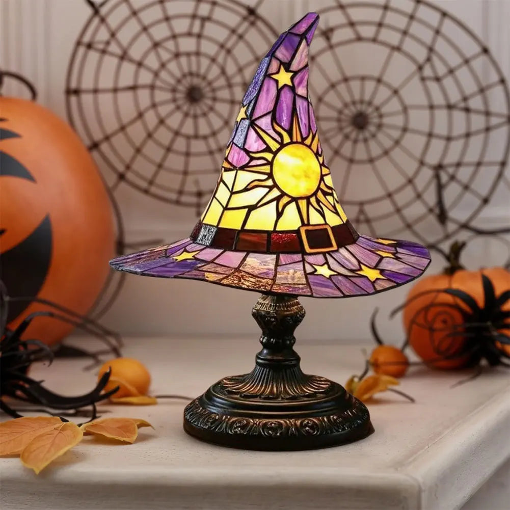 Stained Glass Witch Hat Lamp – LED Resin Witch Hat Light Ornament, USB Powered Home & Bedroom Decoration