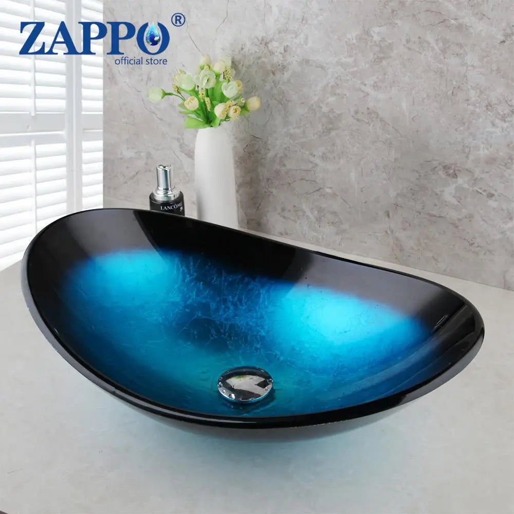 ZAPPO Blue Tempered Glass Bathroom Vessel Sink with Waterfall Black Faucet – Oval Above-Counter Basin Set