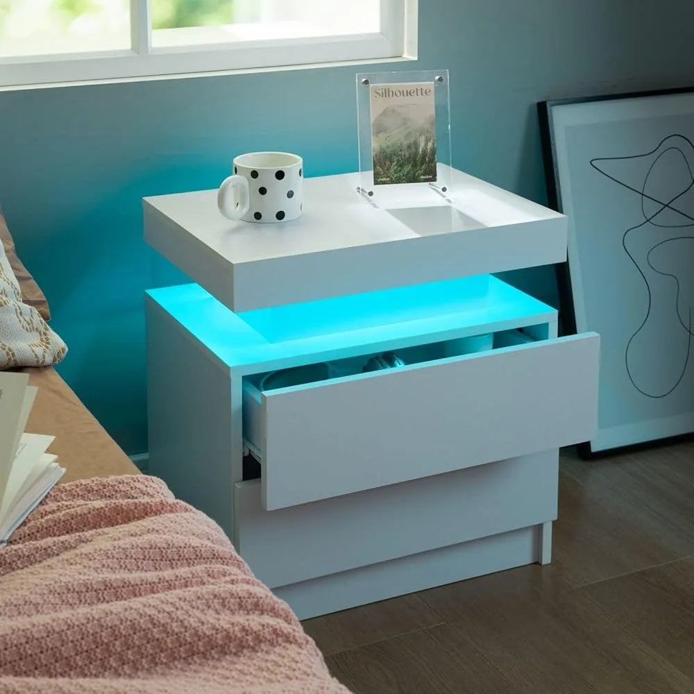 Modern LED Nightstand with Drawers & RGB Lights