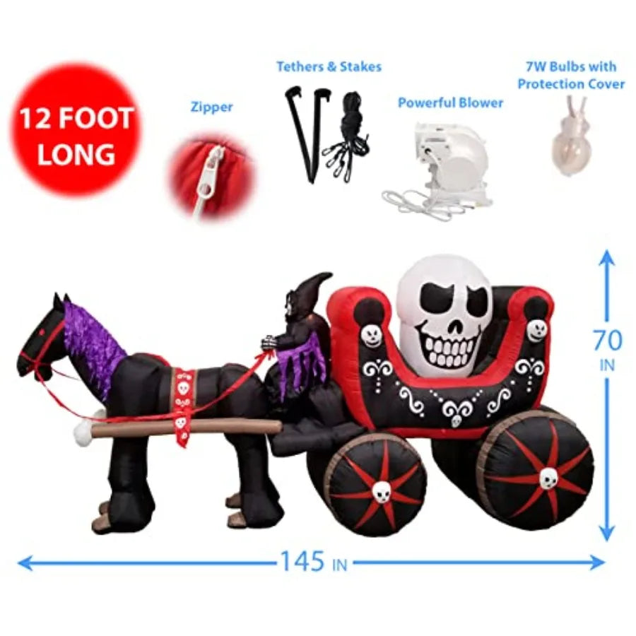 12-Foot Halloween Inflatable Skeleton Carriage – Lighted Outdoor/Indoor Blow-Up Decoration with Ghost, Skull & LED Lights