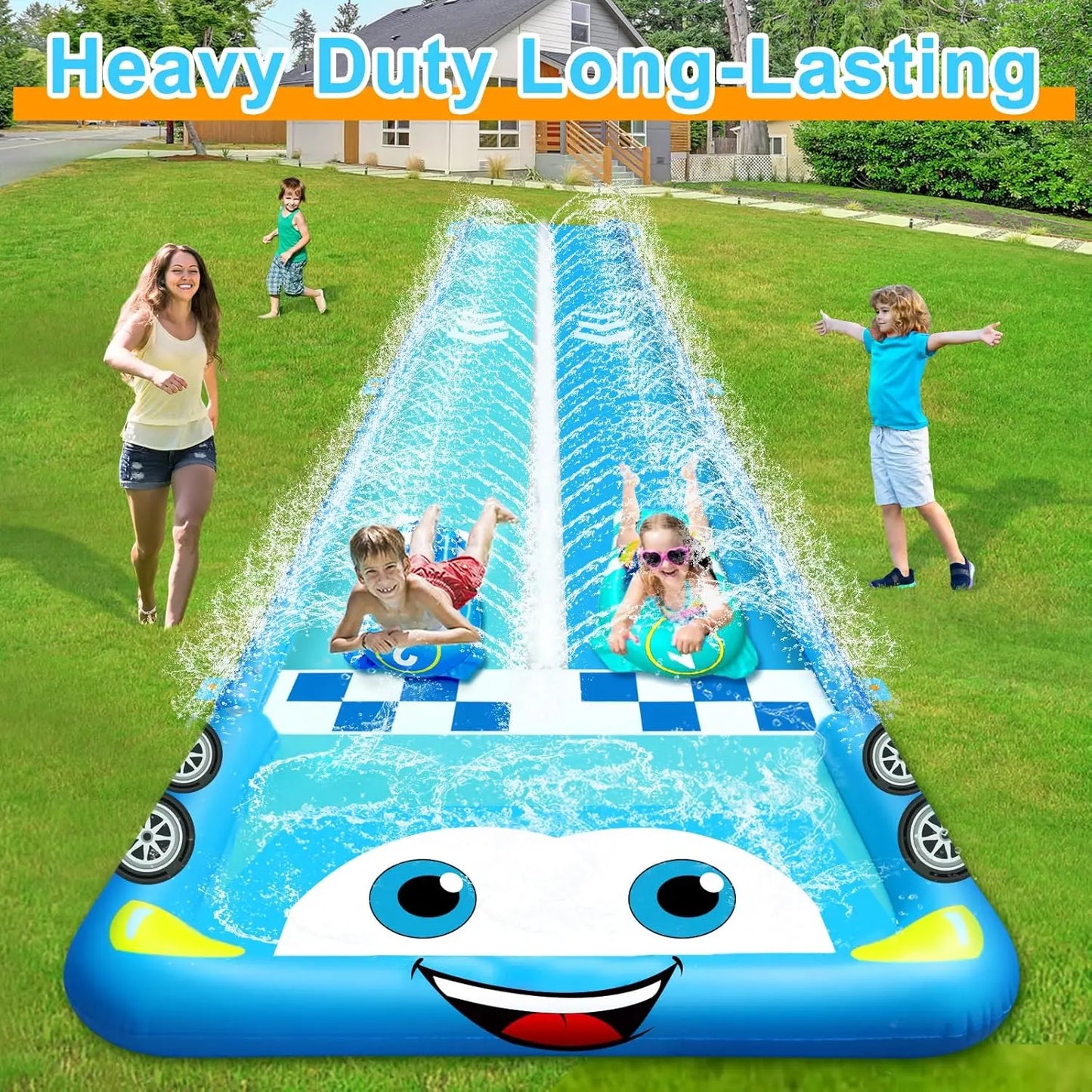 33.3FT Extra Long Double Lane Water Slide for Kids – Race Car Lawn Slip & Splash Slide with 2 Bodyboards and Safety Fence for Outdoor Summer Fun