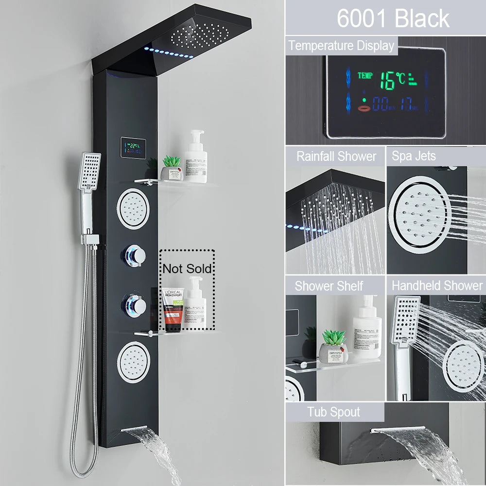 LED Shower Panel Tower System with Waterfall & Rainfall – Digital Display SPA Shower Faucet Set with Massage Jets & Mixer Tap