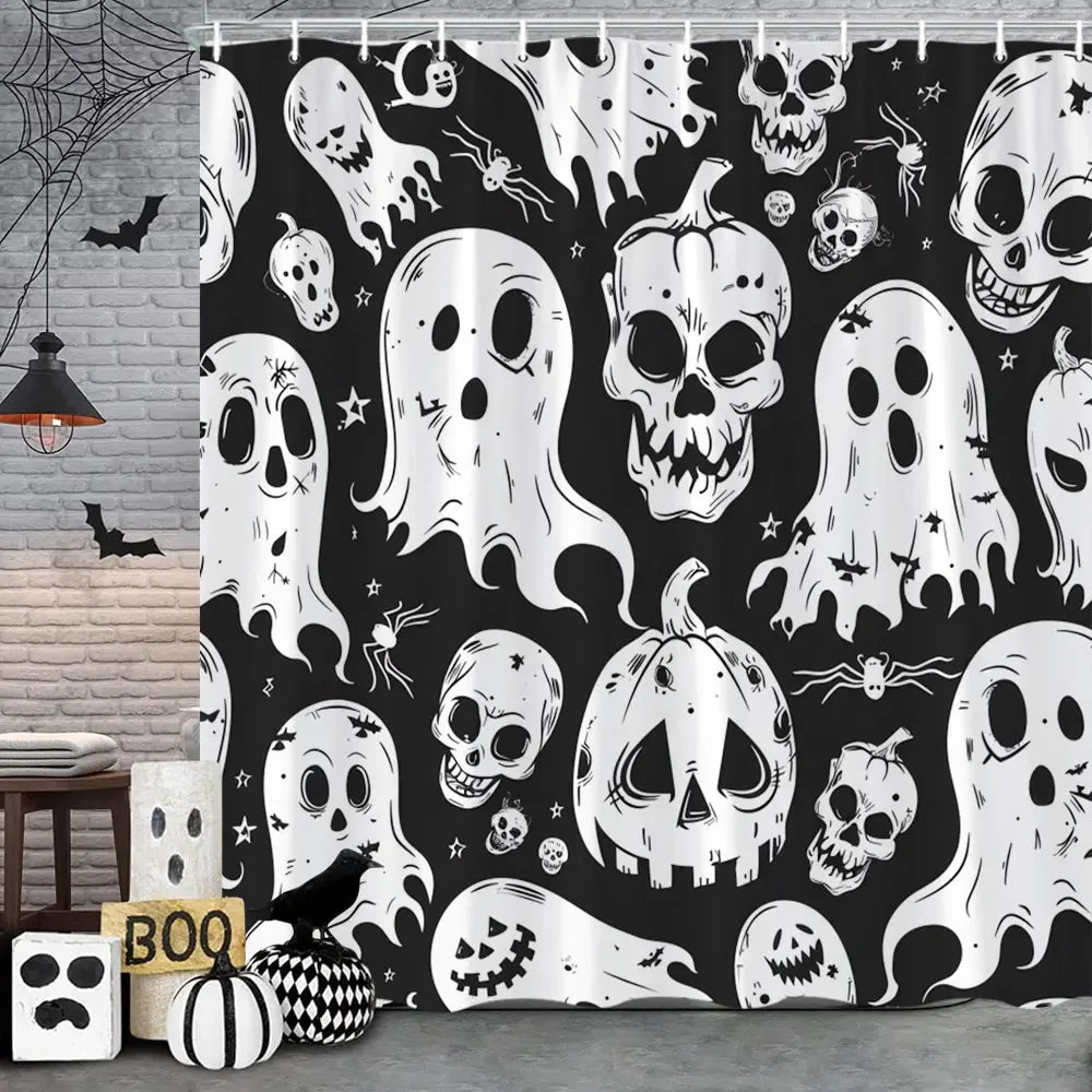 🦇 Spooky Halloween Skeleton & Crow Shower Curtain – Gothic Black Cat & Bat Design with Hooks