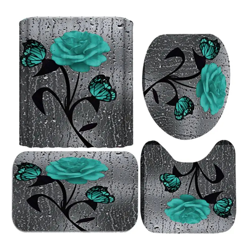 4PCS Bathroom Shower Curtain Set with Non-Slip Rugs, Toilet Seat Cover, Bath Mat & Doormat – Waterproof & Durable Bathroom Home Decor