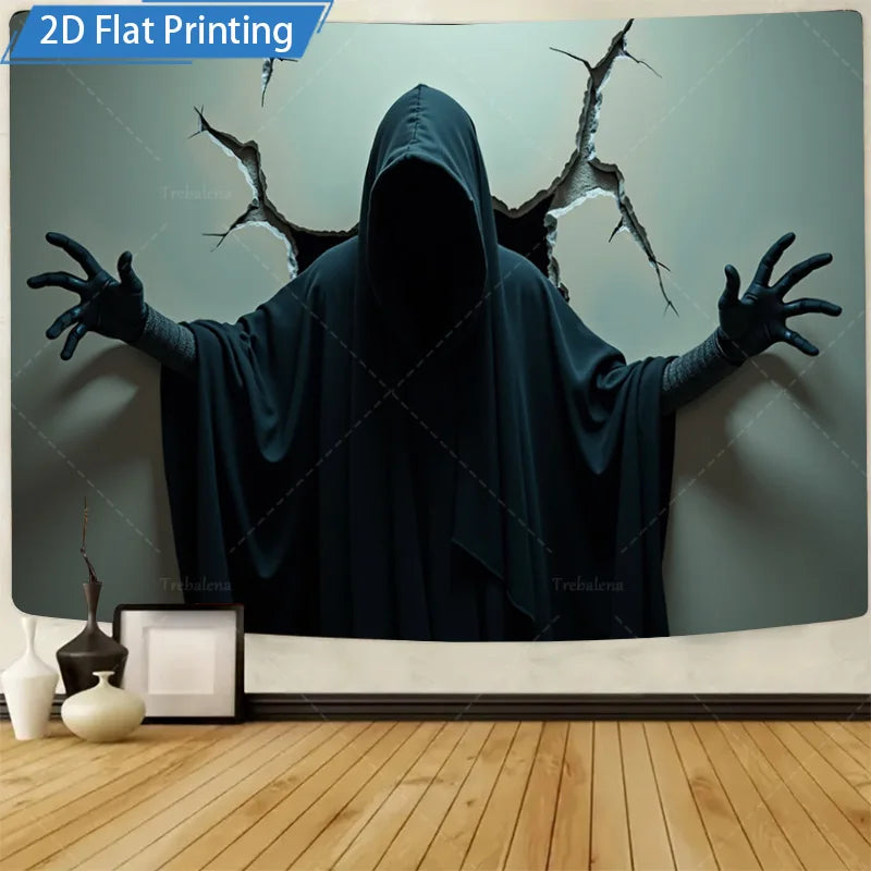 Halloween Wall Tapestry – Happy Haunting Pumpkin & Skeleton Design, Spooky Seasonal Décor for Home, Bedroom, or Party