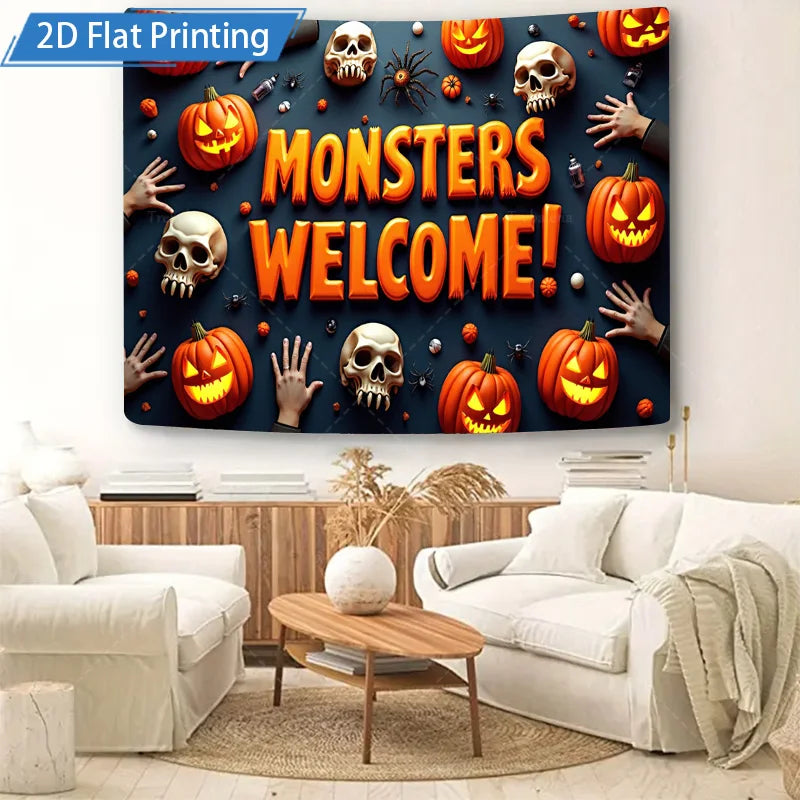 Halloween Wall Tapestry – Monsters, Skulls & Pumpkins, Spooky Welcome Décor for Home, Bedroom, or Party