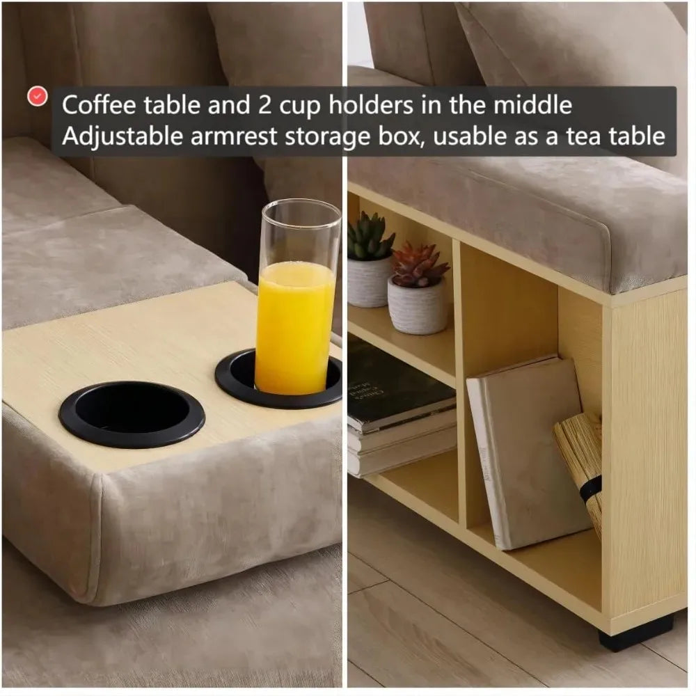 Convertible Sofa Bed with Storage Ottoman, Adjustable Armrest & Coffee Table