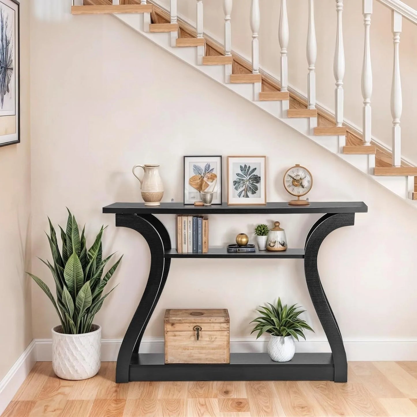3 Tier Wood Console Table with Curved Legs and Shelf