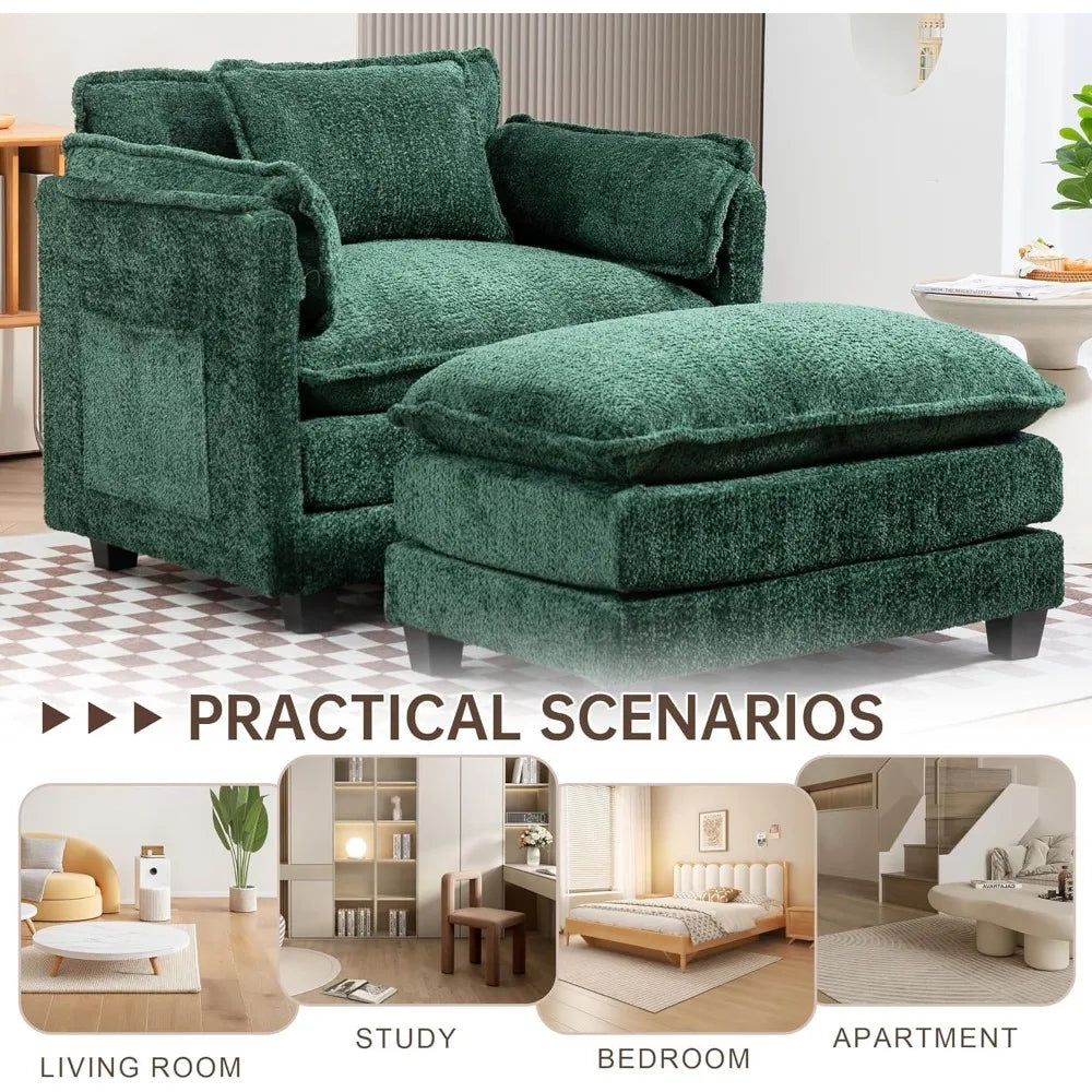 Oversized Boucle Accent Chair with Storage Ottoman – Cozy Double Cushion Reading Armchair, Deep Seating Lounge Chair for Living Room, Bedroom, or Apartment