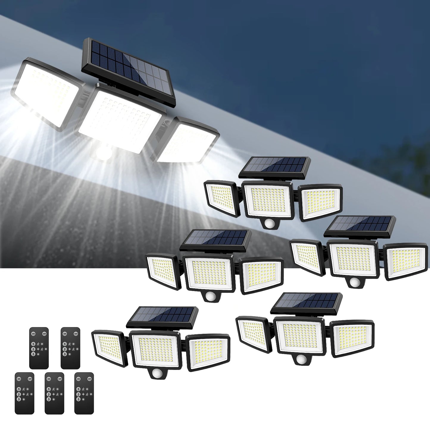 IP65 Waterproof Triple Head Outdoor Solar Light – 210 LED, 2500LM Motion Sensor Security Light for Porch, Garage, Patio, and Yard Entrance