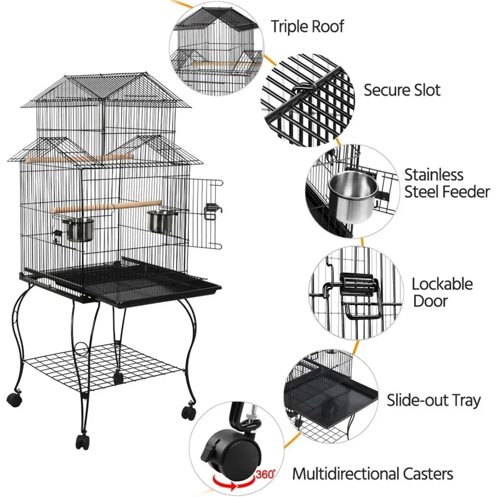55-Inch Rolling Standing Parrot Cage with Triple Roof – Medium Bird Cage with Detachable Stand for Cockatiels, Conures, Parakeets & Small Parrots