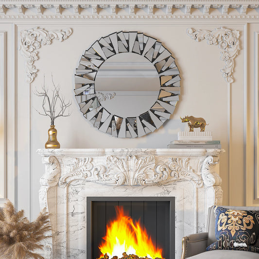 32" Silver Modern Round Sunburst Mirror with Beveled Accents – Elegant Wall Decor for Living Room, Bedroom, Entryway