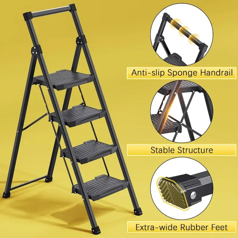 Step Ladder Folding – Heavy-Duty 900lbs Capacity with Anti-Slip Wide Pedals & Handrails, Lightweight Household Ladder, Certified for Safety