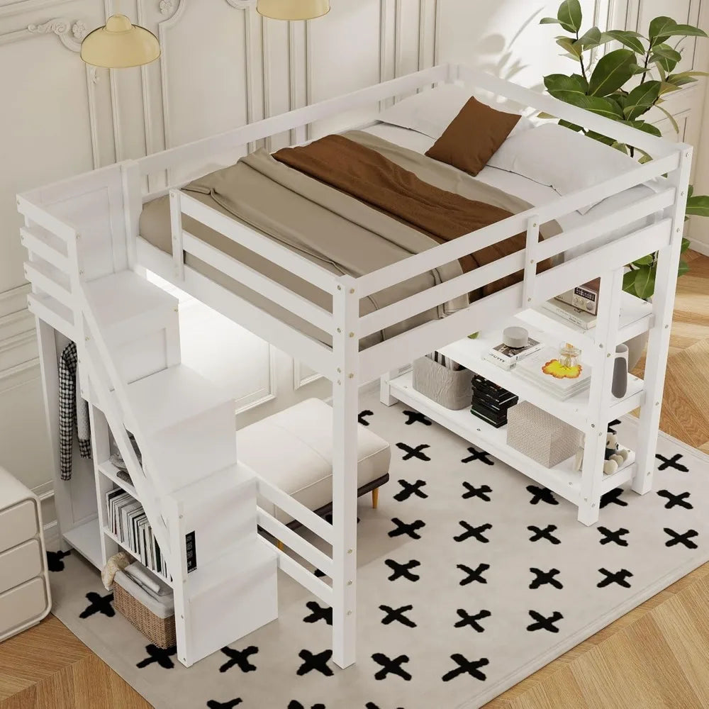 Full Size Loft Bed with Stairs, Storage Shelves & Bookshelf – Wooden Loft Bed Frame with Built-In Lights, Space-Saving Design for Kids, Teens, and Adults