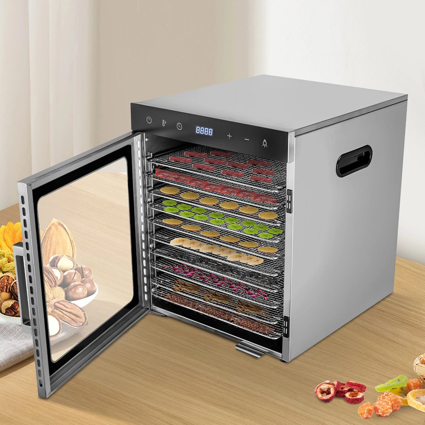 800W Electric Food Dehydrator with 10/12 Stainless Steel Trays – Commercial-Grade Jerky, Fruit & Vegetable Dryer Machine