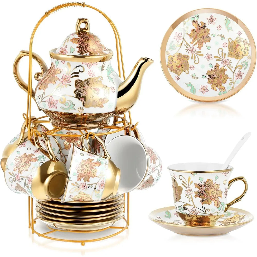 Elegant Ceramic Tea Party Set for Adults – European Floral Teapot, Teacup, Saucer & Spoon Set – Large Fresh Style