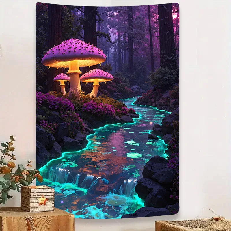 Futuristic Astronaut Wall Tapestry – Glowing Waterfall & Pink Moon, Sci-Fi Home Décor for Bedroom, Living Room, or Dorm