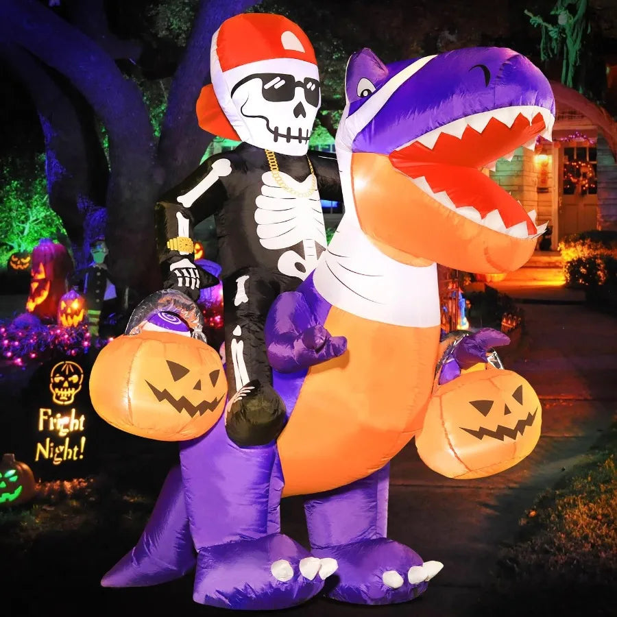6FT Inflatable Halloween Skeleton Knight Riding Dinosaur – LED Lighted Blow-Up Decoration for Outdoor Holiday Display