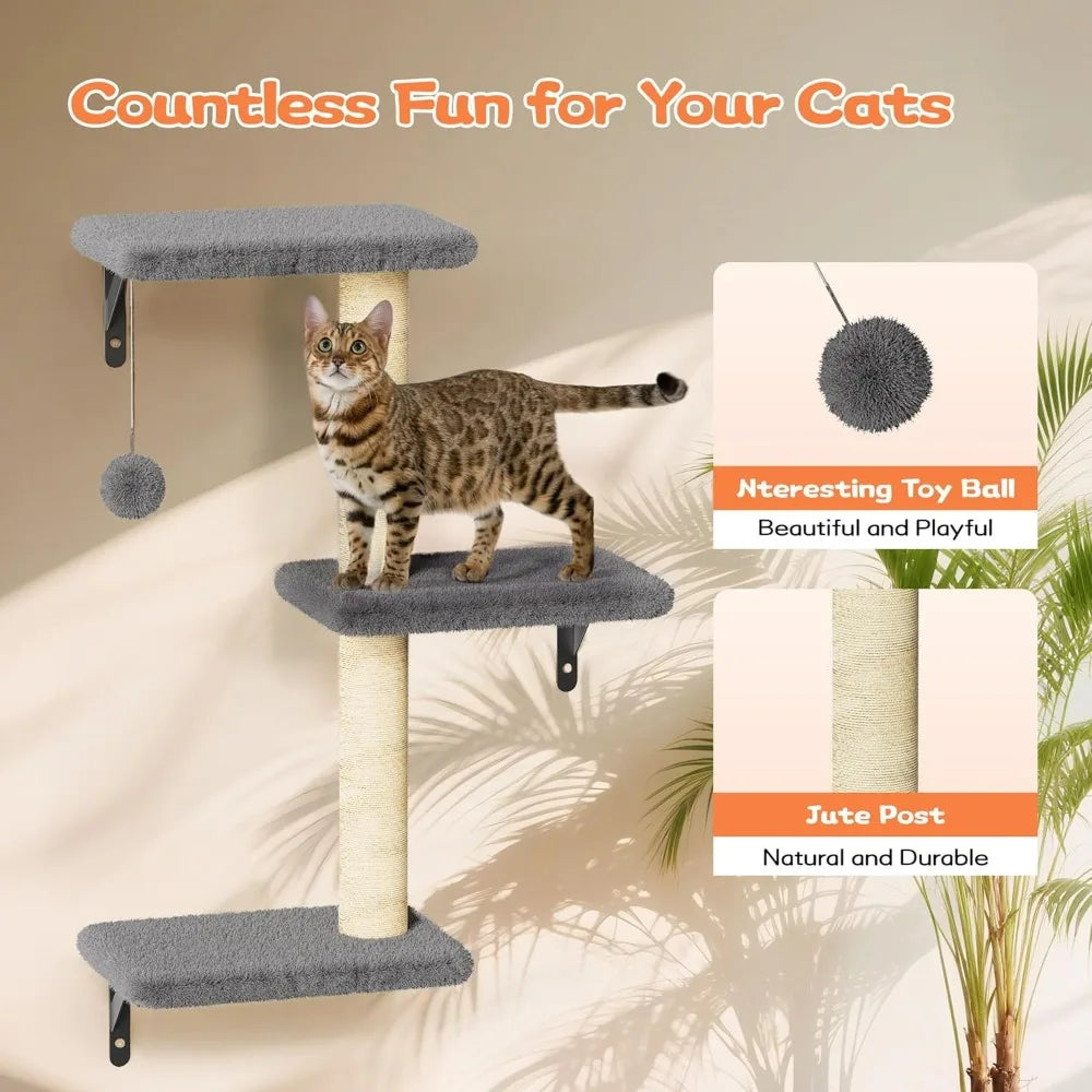 6 in 1 Pet Walls Shelves Set with Wooden Cat Climber, House, Bridge, Tree, Steps