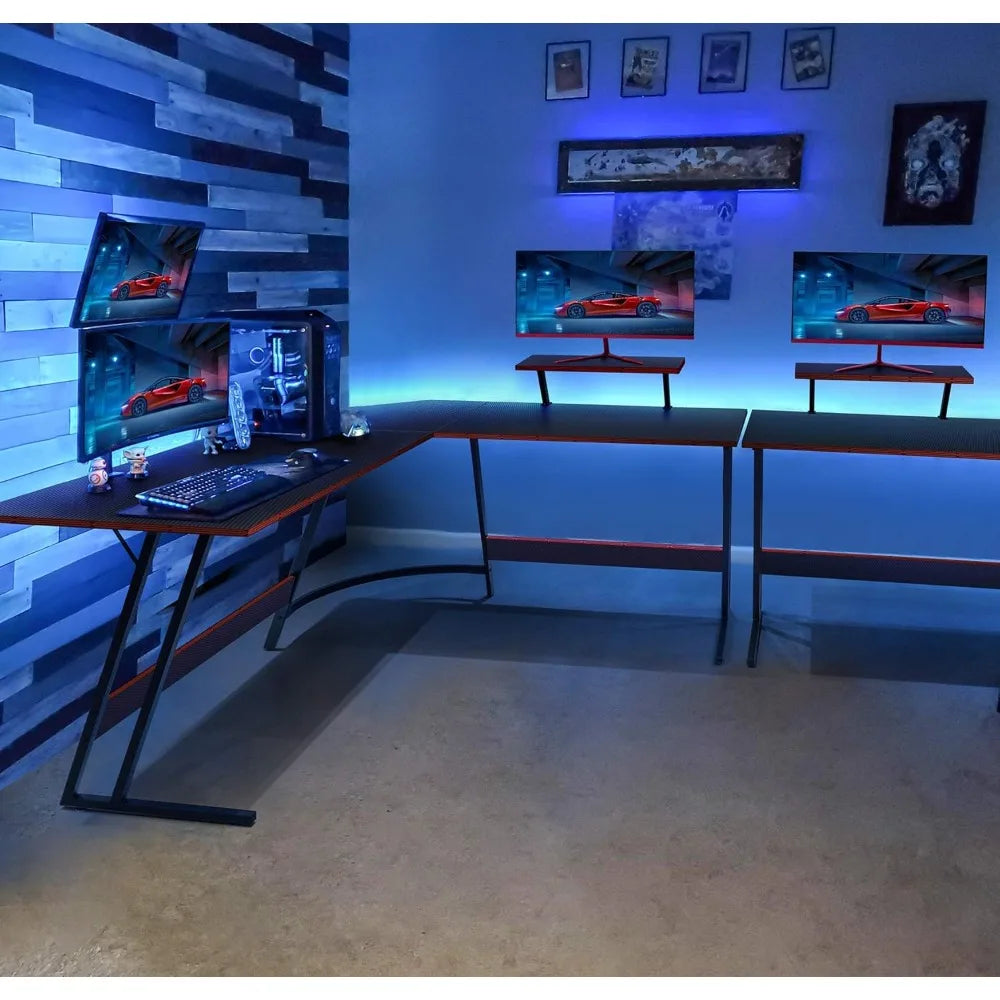 L-Shaped Gaming Desk with Monitor Riser – Sturdy Corner Computer Desk for Home Office & PC Gaming Setup, Space-Saving Writing Table