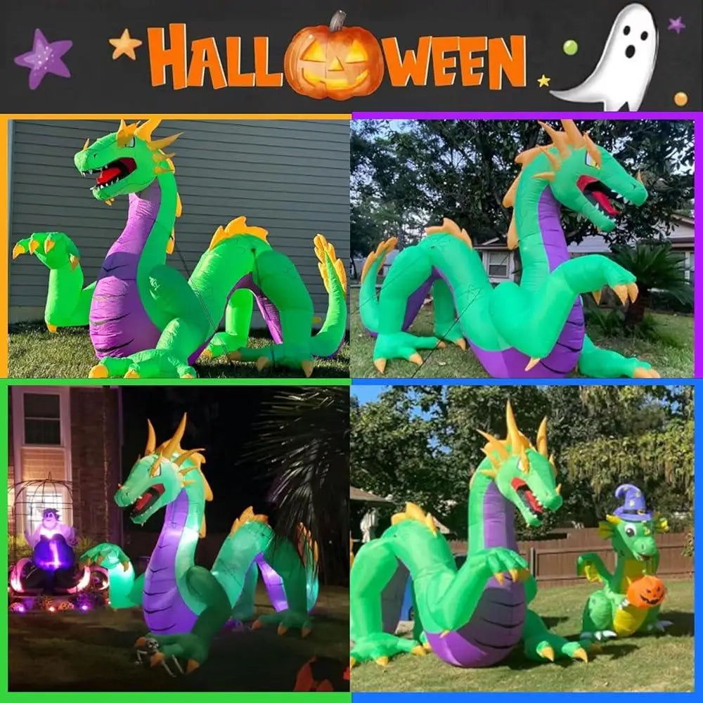 Giant 11FT Green Halloween Inflatable Dragon with LED Lights – Outdoor Blow Up Yard Decoration with Stakes & Ropes, Waterproof Polyester