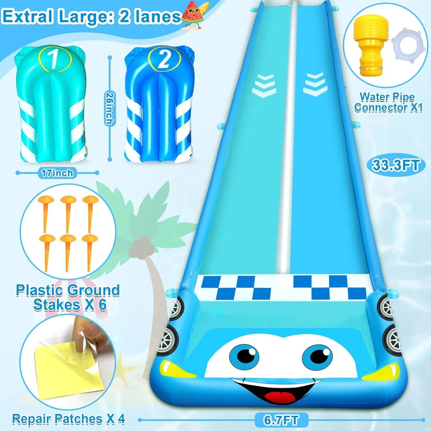 33.3FT Extra Long Double Lane Water Slide for Kids – Race Car Lawn Slip & Splash Slide with 2 Bodyboards and Safety Fence for Outdoor Summer Fun