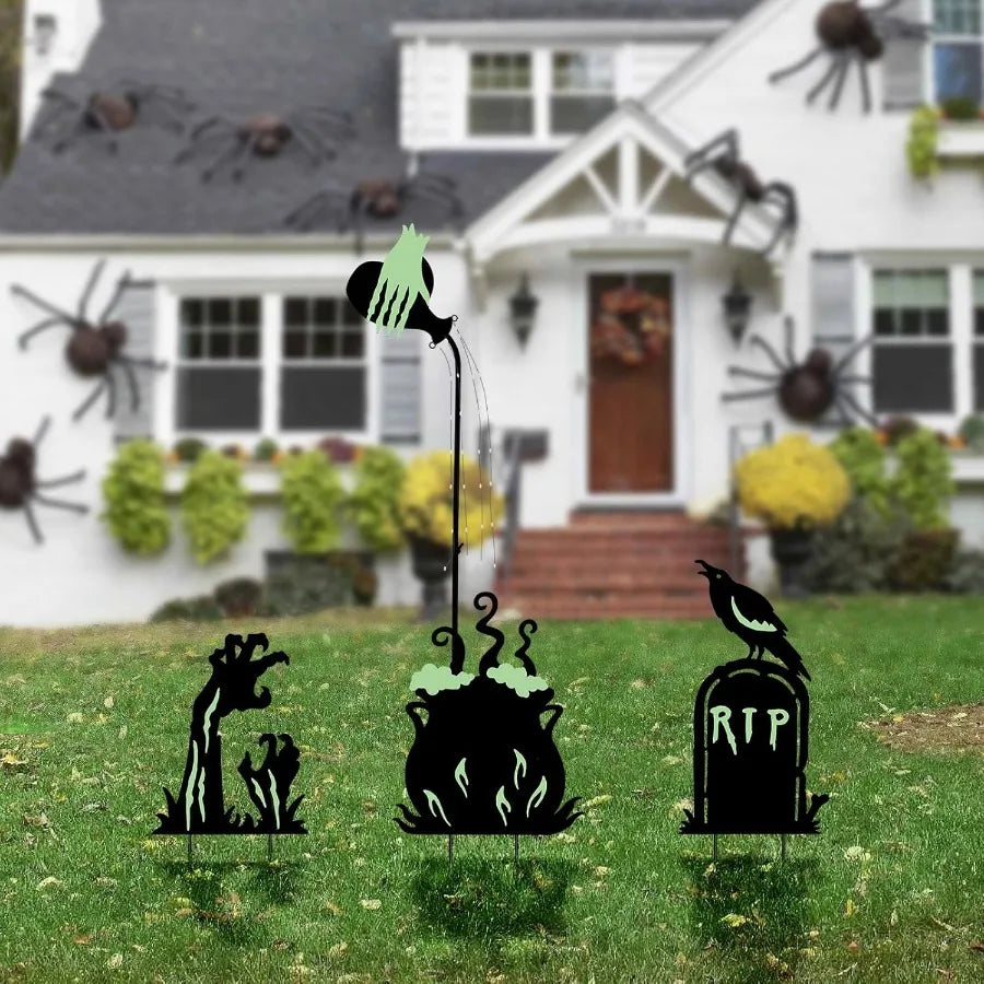 Halloween Outdoor Yard Decorations Set – 3 Solar LED Witch’s Cauldron, Potion Bottles, Ghost Hand & Tombstone Metal Stake Lights for Patio and Garden