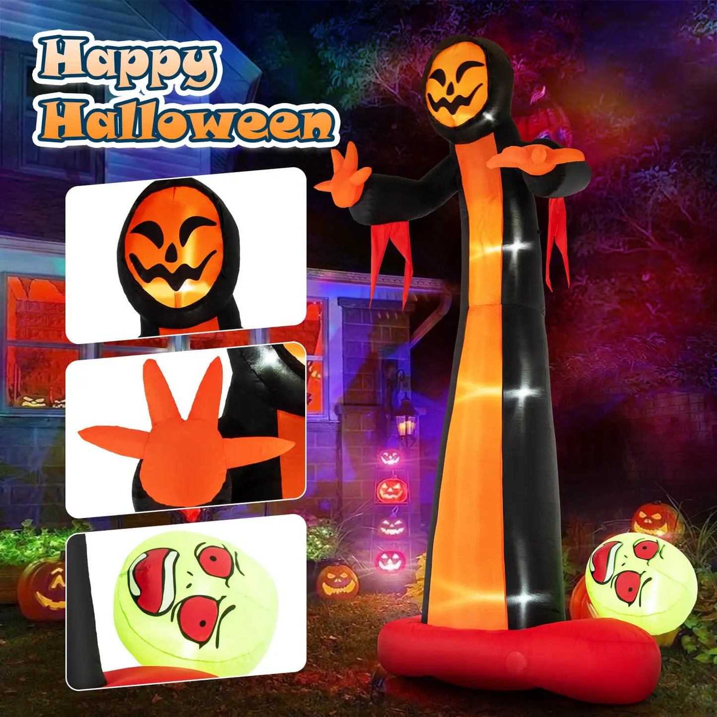 12FT Giant Halloween Inflatable Grim Reaper Ghost with Scary Skull – Outdoor Blow Up Yard Decoration with LED Lights, Stakes & Ropes