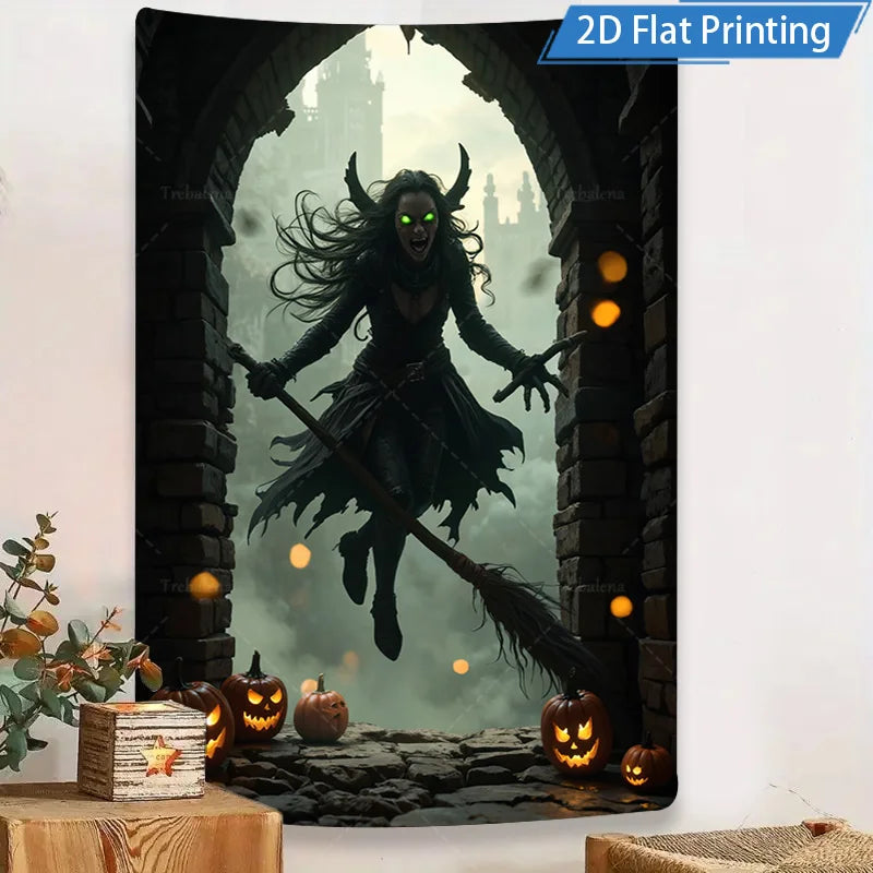 Halloween Wall Tapestry – Gothic Skull Witch with Pumpkins, Spooky Horror Décor for Home, Bedroom, or Party