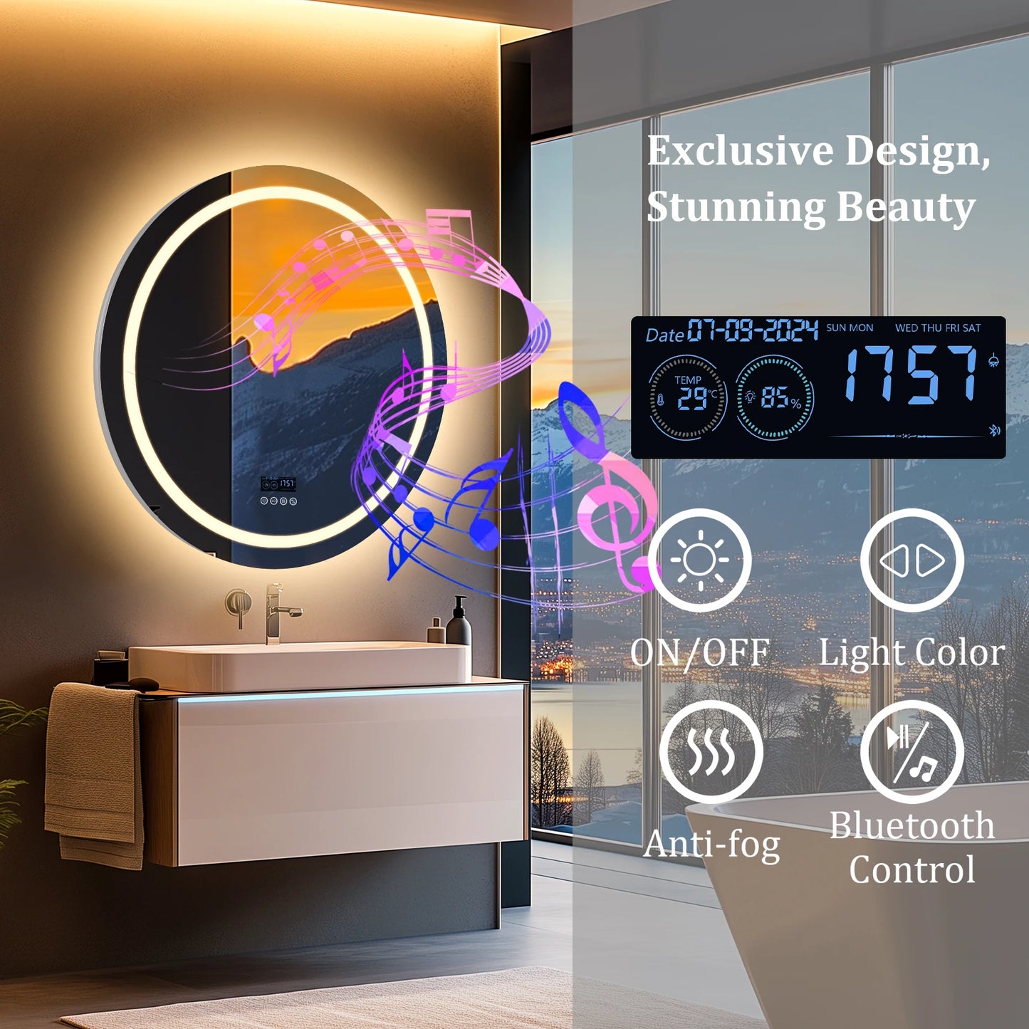 Wisfor 32"x32" LED Bathroom Mirror with Lights – Wall-Mounted, Bluetooth Speaker, Anti-Fog, 3-Color Dimmable Light & Memory Function