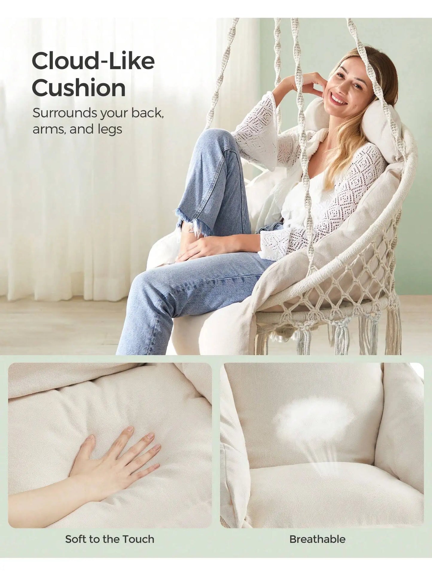 SONGMICS Hanging Chair – Boho Hammock Chair with Large Thick Cushion for Bedroom, Patio, Balcony & Garden