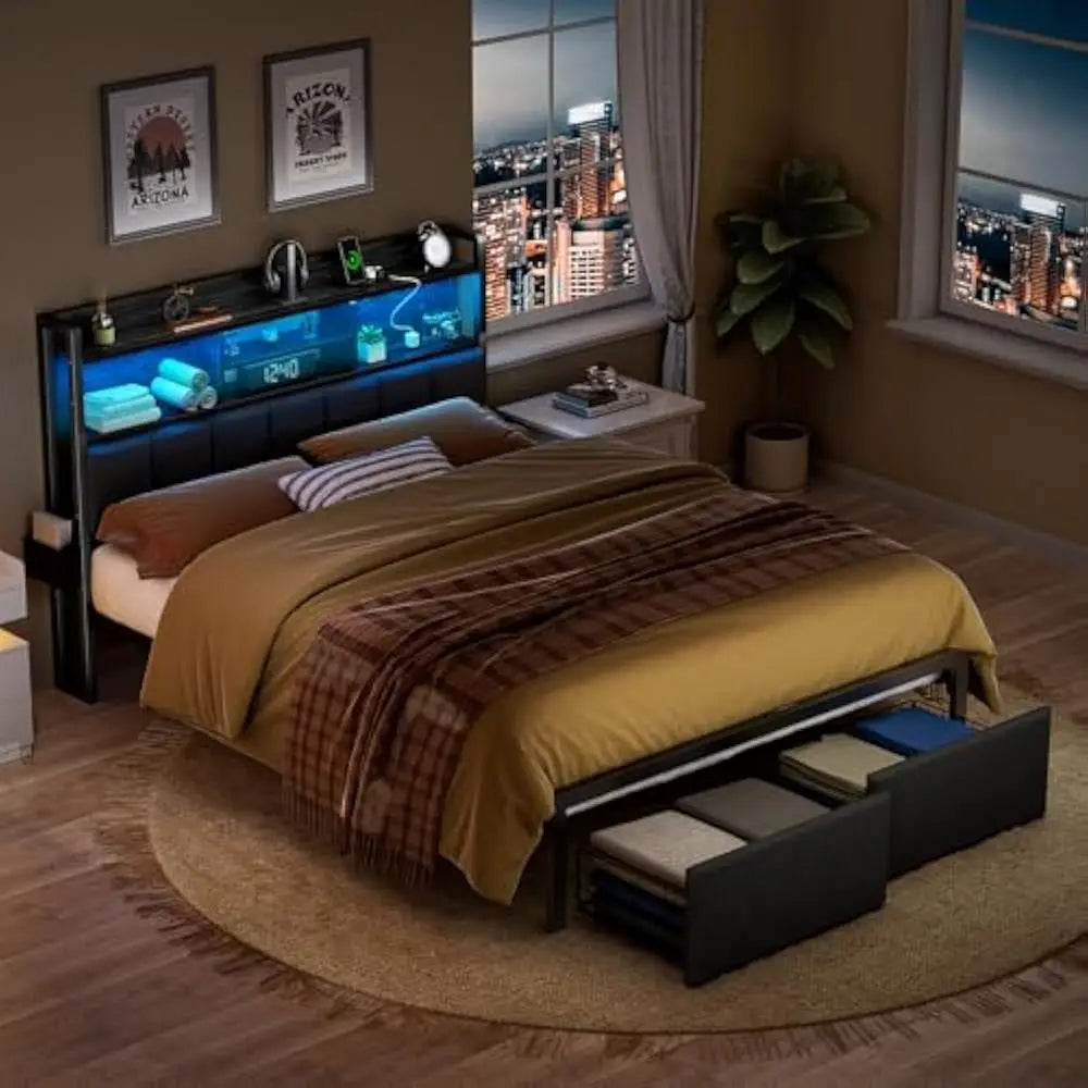 LED Queen Size Bed Frame with Storage Drawers & Charging Station – Metal Platform Bed with Headboard, No Box Spring Needed