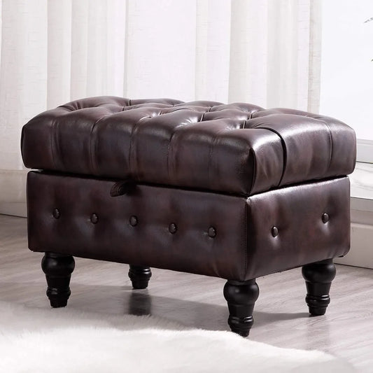 Modern Button-Tufted Storage Ottoman – PU Fabric Footstool with Hidden Storage for Living Room, Bedroom & Entryway