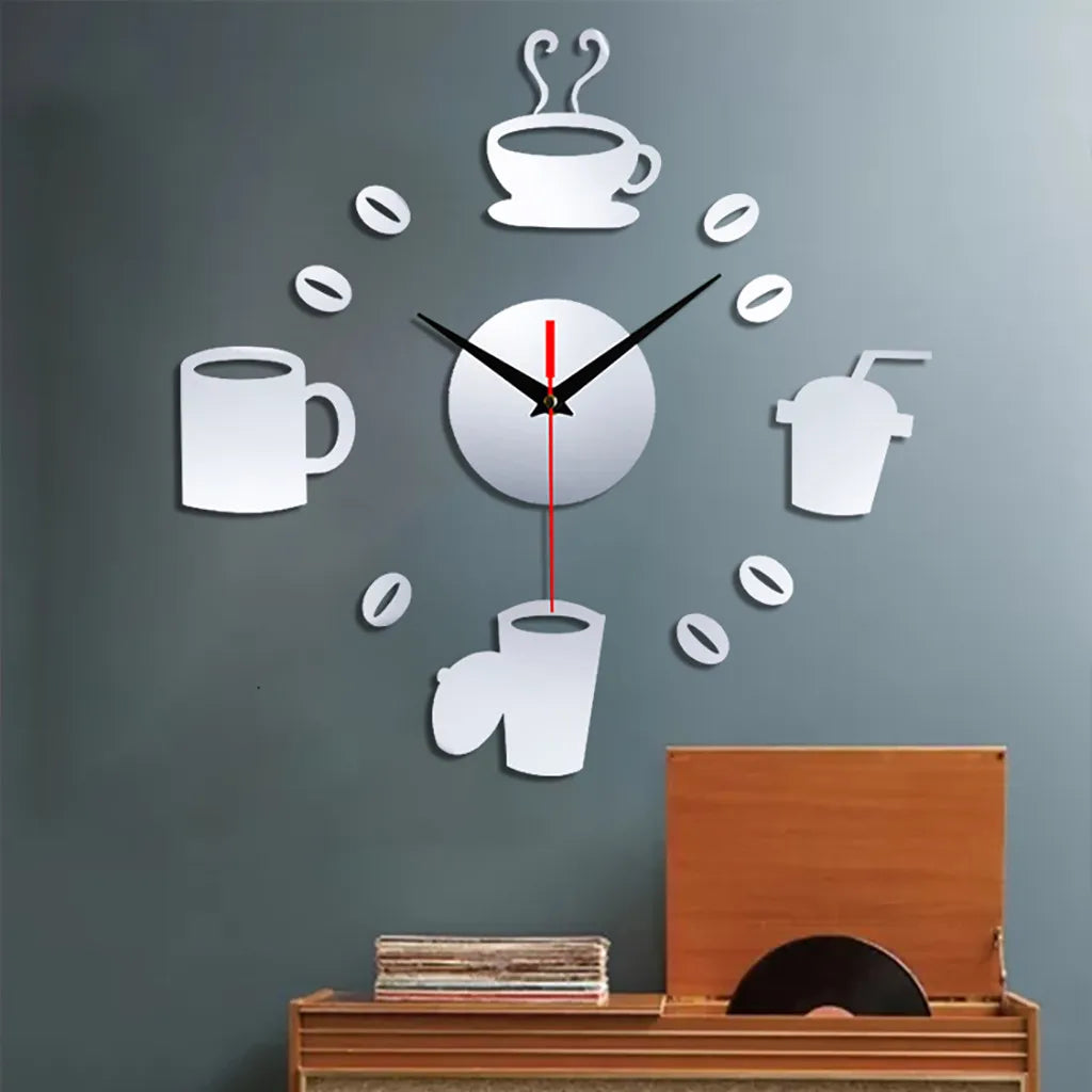 3D Self Adhesive Mirror Wall Clock –  Functional Art for Coffee Lovers