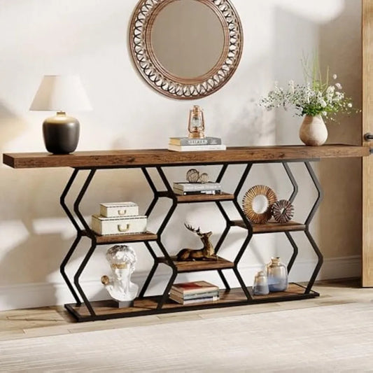 Extra Long Console Table with Shelves and Storage
