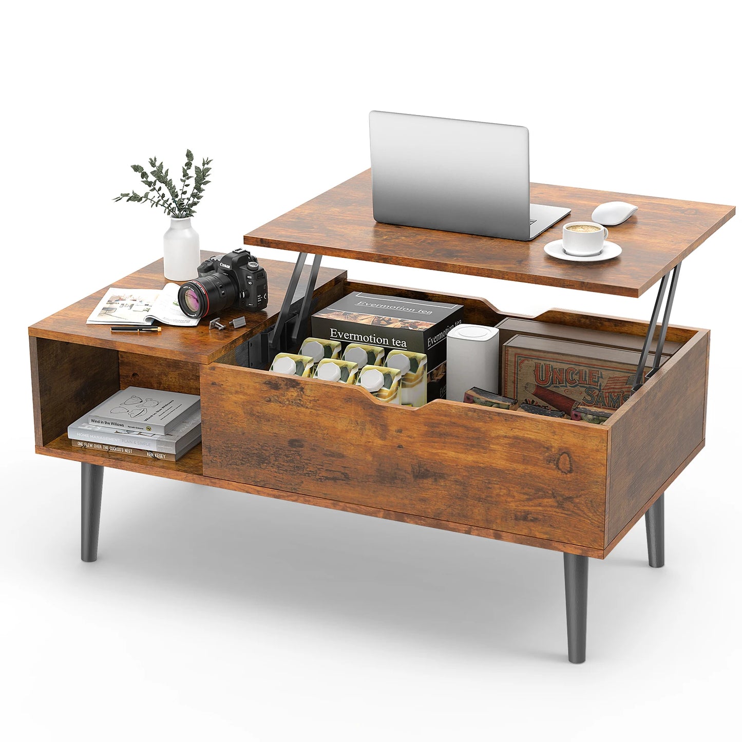 JHK Lift Top Coffee Table – 39.37"x19.7" Adjustable Wood Coffee Table with Hidden Storage & Open Shelf – Easy Lift or Lower for Living Room, Work, or Dining