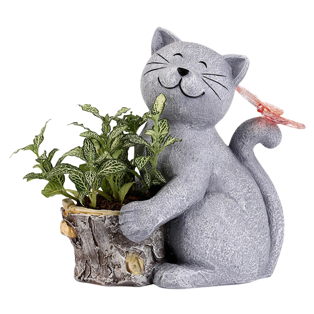 Solar Powered Animal Planter with Light Resin Cat Artwork Flower Pot Creative Kitten Succulent Pot for Cabinet Backyard