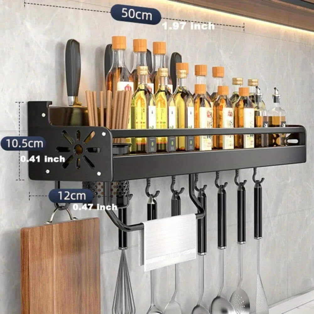 Wall-Mounted Kitchen Organizer Shelf – Multifunctional Spice Rack with Knife Holder, Utensil Hooks & Seasoning Storage
