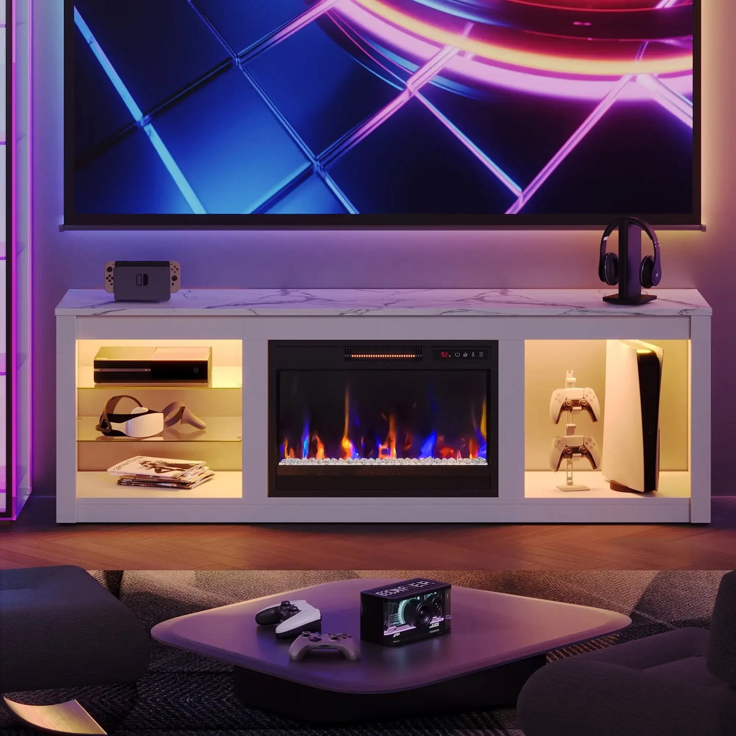 White Marble Electric 7 Color LED Fireplace TV Stand for TVs up to 70",