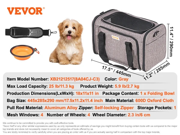 VEVOR Rolling Pet Carrier Backpack – Breathable Cat & Dog Travel Bag with Telescopic Handle, Wheels & Shoulder Straps