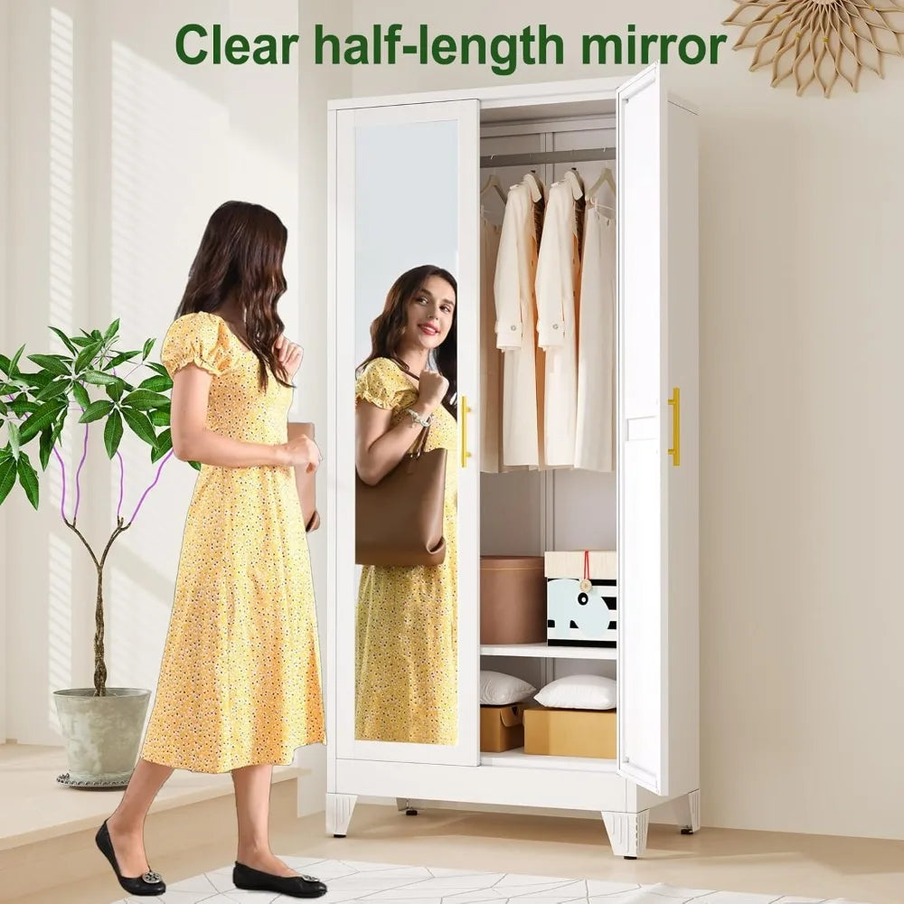 71" Metal Armoire Wardrobe with 2 Mirrored Doors – Adjustable Shelves, Hanging Rod & Safety Anchor | Modern Storage Cabinet for Bedroom, Office & Laundry Room