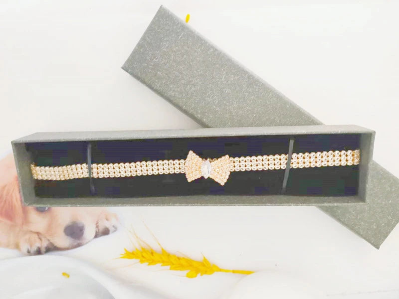 Zircon Bow Tie Dog & Cat Collar – Rose Gold Adjustable Pet Necklace with Lobster Clasp & Gift Box | Elegant All-Season Accessory