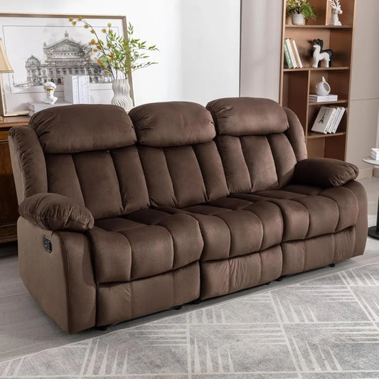 Manual Recliner Sofa – Classic 3-Seat Reclining Couch with Overstuffed Arms & Backrest for Living Room or Bedroom, Brown