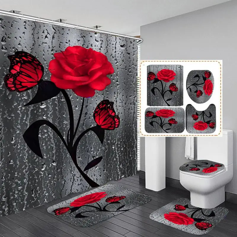 4PCS Bathroom Shower Curtain Set with Non-Slip Rugs, Toilet Seat Cover, Bath Mat & Doormat – Waterproof & Durable Bathroom Home Decor