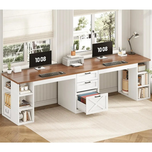 Farmhouse 96.5" Computer Desk with Drawers – Spacious Double Desk for 2 People with Storage Shelves – Long Home Office & Gaming Workstation