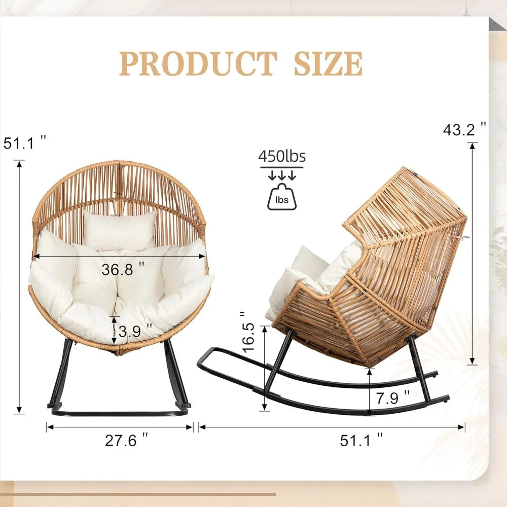 Wicker Egg Rocking Chair with Cushion – Oversized PE Rattan Patio Lounge Chair for Indoor & Outdoor Use, Balcony, Backyard, or Porch