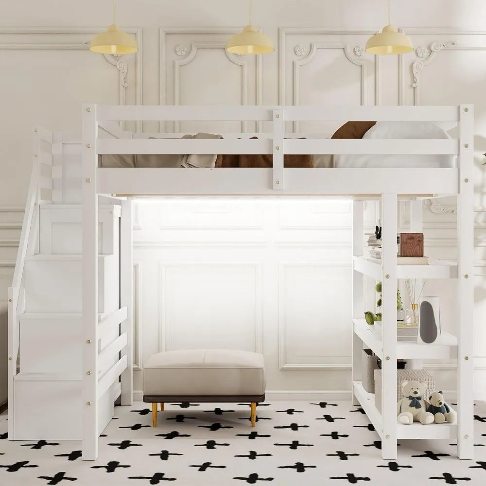 Full Size Loft Bed with Stairs, Storage Shelves & Bookshelf – Wooden Loft Bed Frame with Built-In Lights, Space-Saving Design for Kids, Teens, and Adults