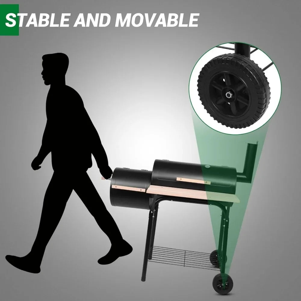Charcoal Grill with Offset Smoker – Outdoor Patio BBQ Cooker with Wheels & Side Fire Box for Camping, Picnics, and Backyard Parties